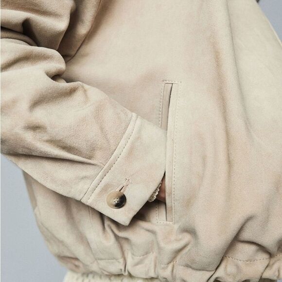 Reiss Solene Suede Bomber Jacket L Cream Tan Leather Zip-Up Designer Outerwear - Picture 4 of 9